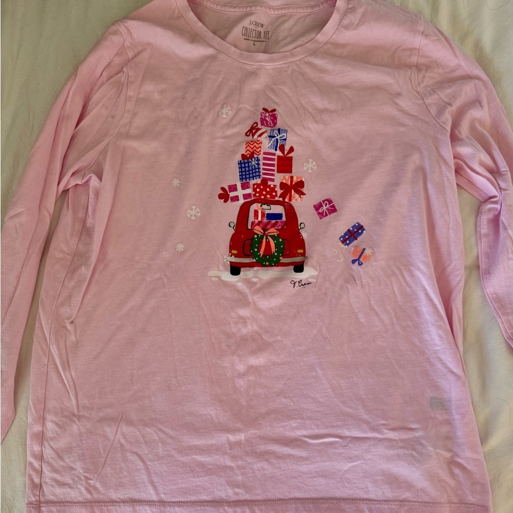 JCrew Pink Holiday Graphic Long Sleeve Tee-NWOT-L-fits women!